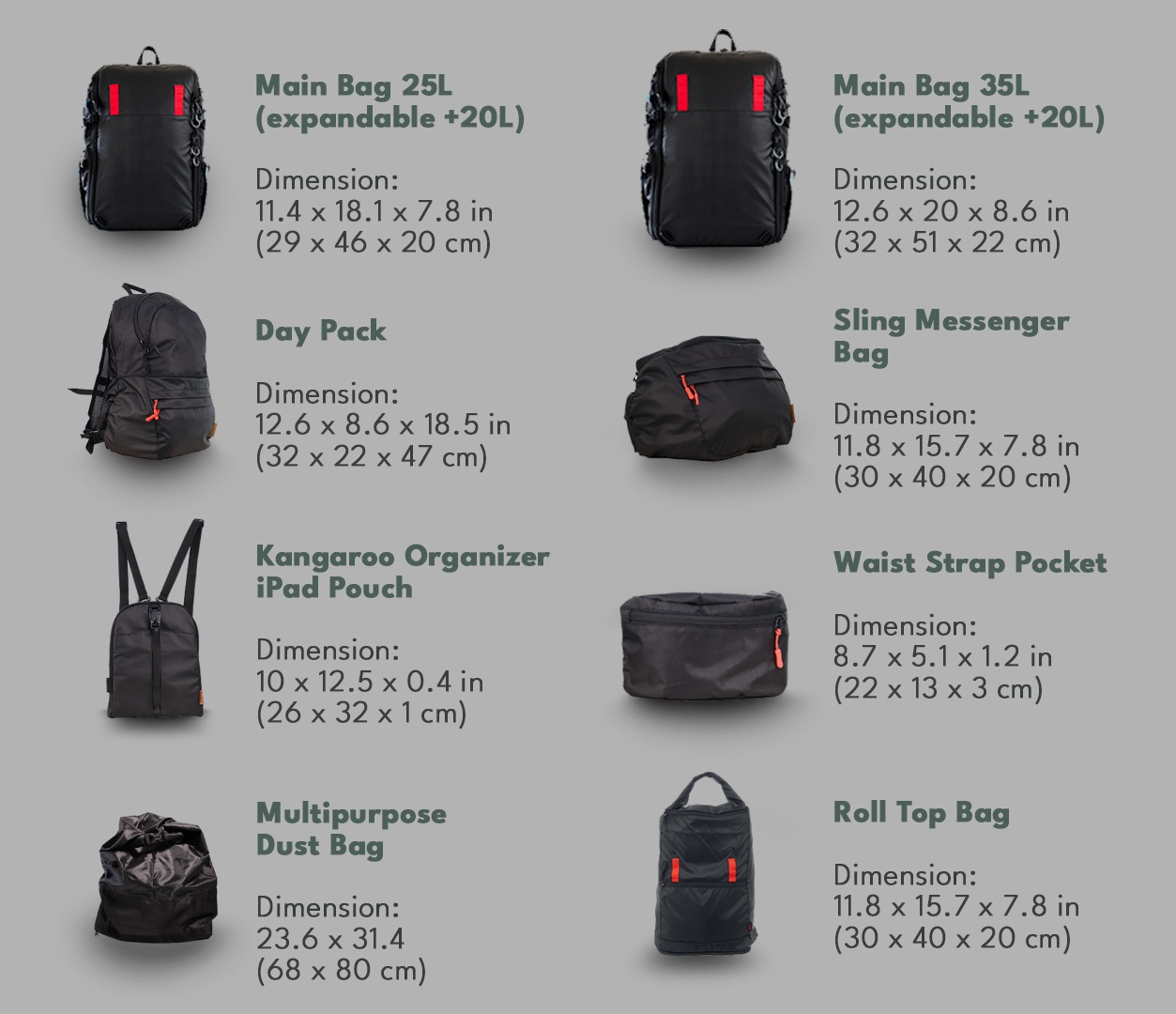 Size guide with dimensions: Main Bag 25L 29 x 46 x 20 cm, Main Bag 35L 32 x 51 x 22 cm, both expandable by 20L; Day Pack 32 x 22 x 47 cm; Sling Messenger Bag 30 x 40 x 20 cm; Kangaroo Organizer iPad Pouch 26 x 32 x 1 cm; Waist Strap Pocket 22 x 13 x 3 cm; Multipurpose Dust Bag 68 x 80 cm; Roll Top Bag 30 x 40 x 20 cm